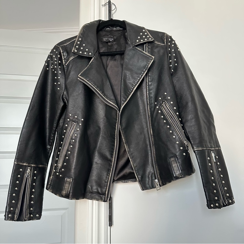 Topshop Black Studded Leather Jacket Size 8
